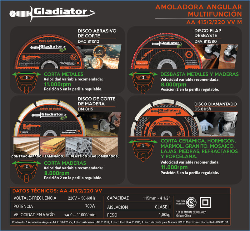 Amoladora Angular Multifunción Gladiator 115mm 700W + 4 discos