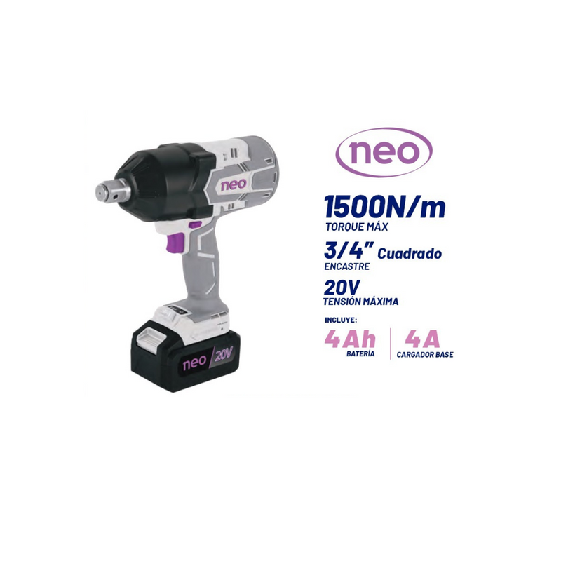 LLAVE IMPACTO RECARG. 3/4" 20V  1500NM C/ BAT Y CARG. 4AH