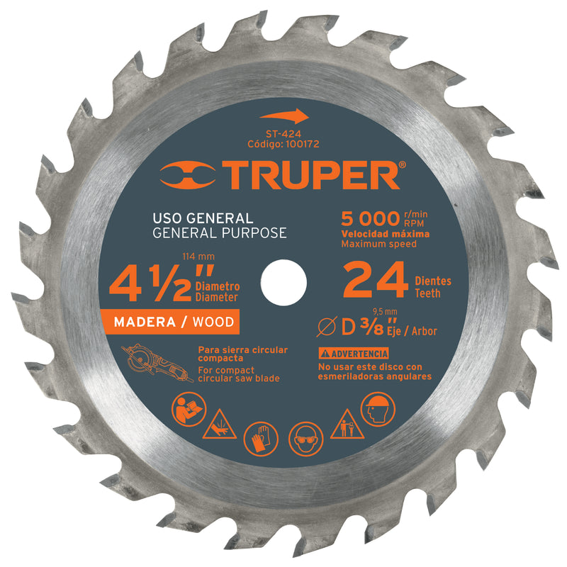 Disco sierra Truper 4-1/2" para madera, 24 dientes centro 3/8"