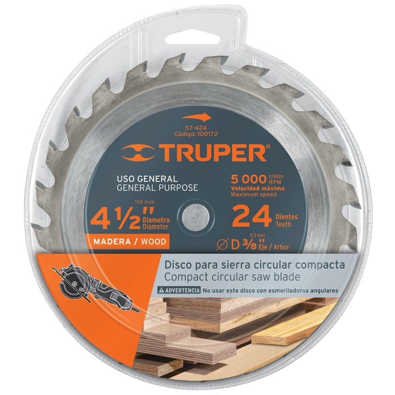 Disco sierra Truper 4-1/2" para madera, 24 dientes centro 3/8"