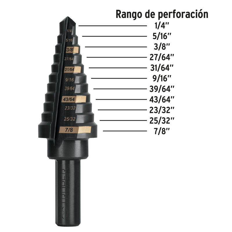 Broca escalonada óxido negro 11 escalones 1/4" a 7/8", Truper