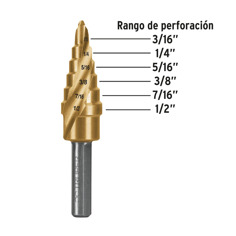 Broca escalonada titanio 6 escalones 3/16" a 1/2", Truper