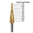Broca escalonada titanio 13 escalones 1/8" a 1/2", Truper