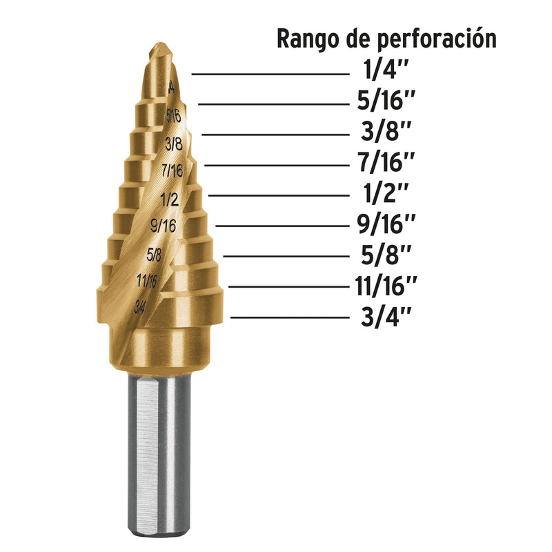 Broca escalonada titanio 9 escalones 1/4" a 3/4", Truper