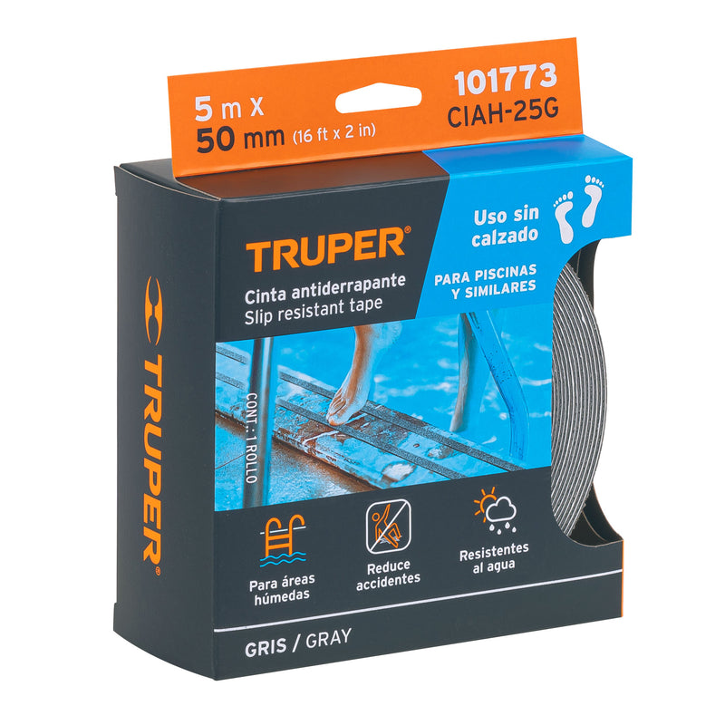 5m cinta antiderrapante Truper,  50mm gris,  para áreas húmedas