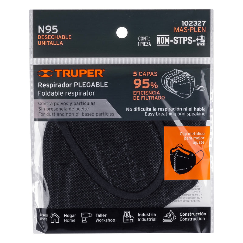 Respirador plegable N95 negro para polvos y partículas, Truper