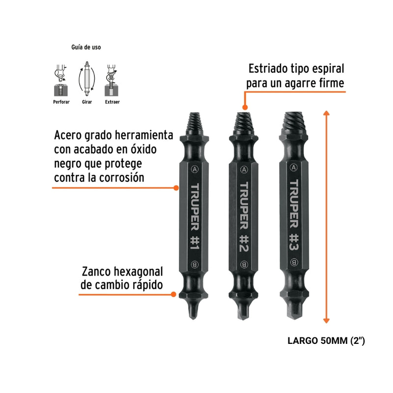 BLÍSTER CON 3 PUNTAS EXTRACTORAS DE TORNILLOS, TRUPER