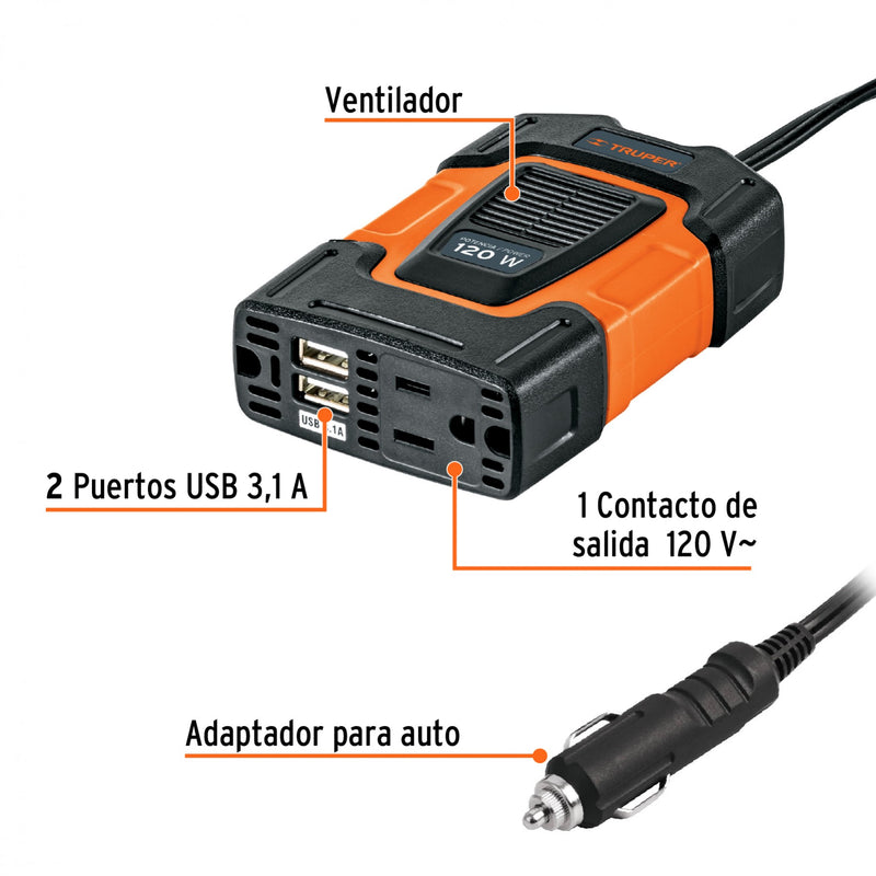 Inversor de corriente Truper 120 W 2 Puertos USB 3.1 A