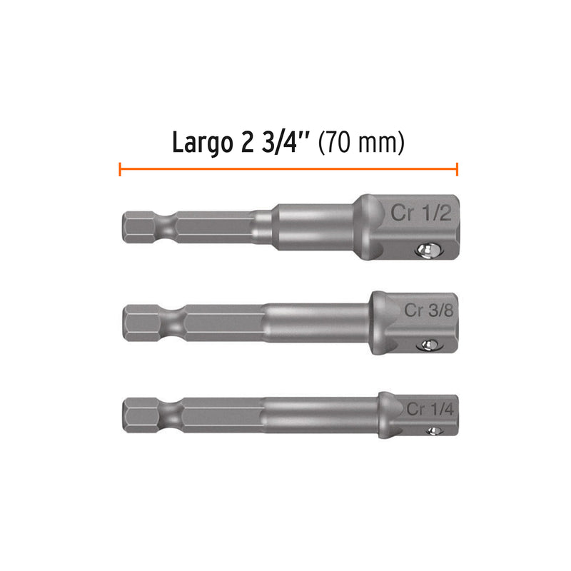 Juego de 3 adaptadores para dados de 1/4", 3/8" y 1/2"