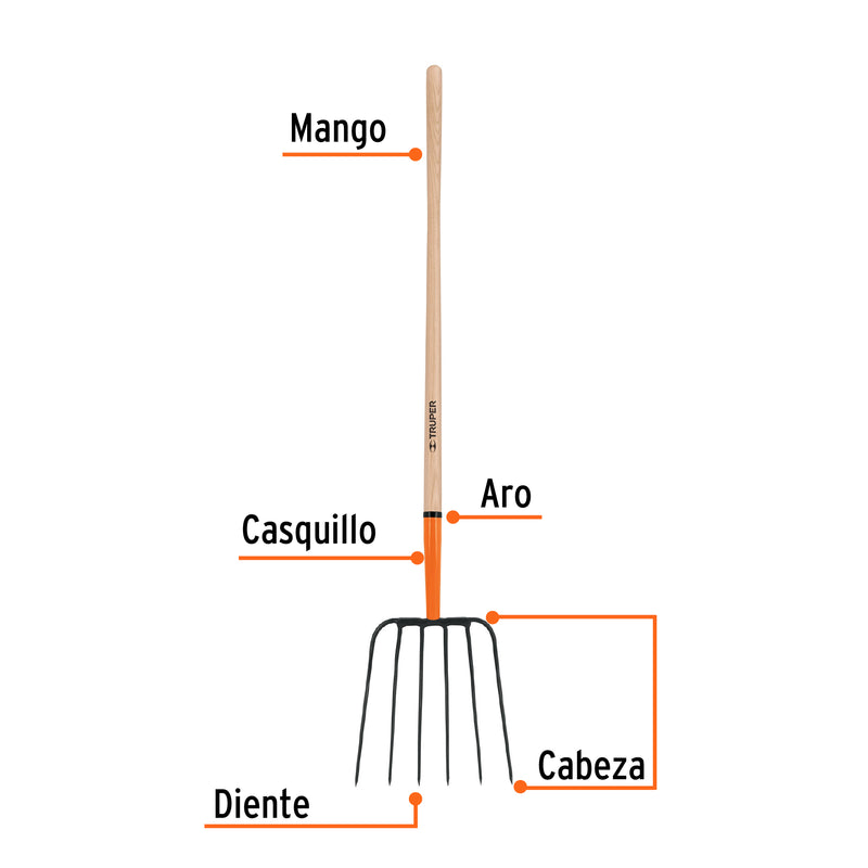 Bieldo para paja Truper de 6 dientes, mango 48"(122 cm)