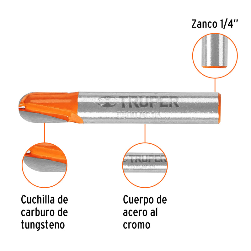 Broca para router, media caña, 1/4", Truper