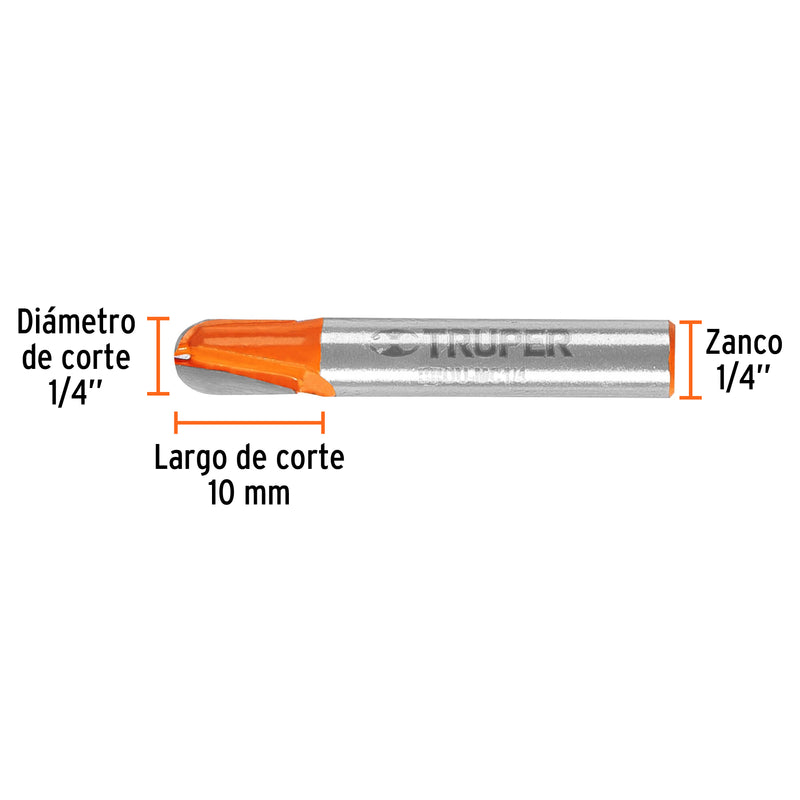 Broca para router, media caña, 1/4", Truper