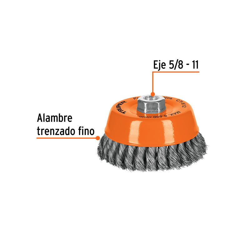 Carda copa 5" alambre trenzado fino, eje 5/8"-11