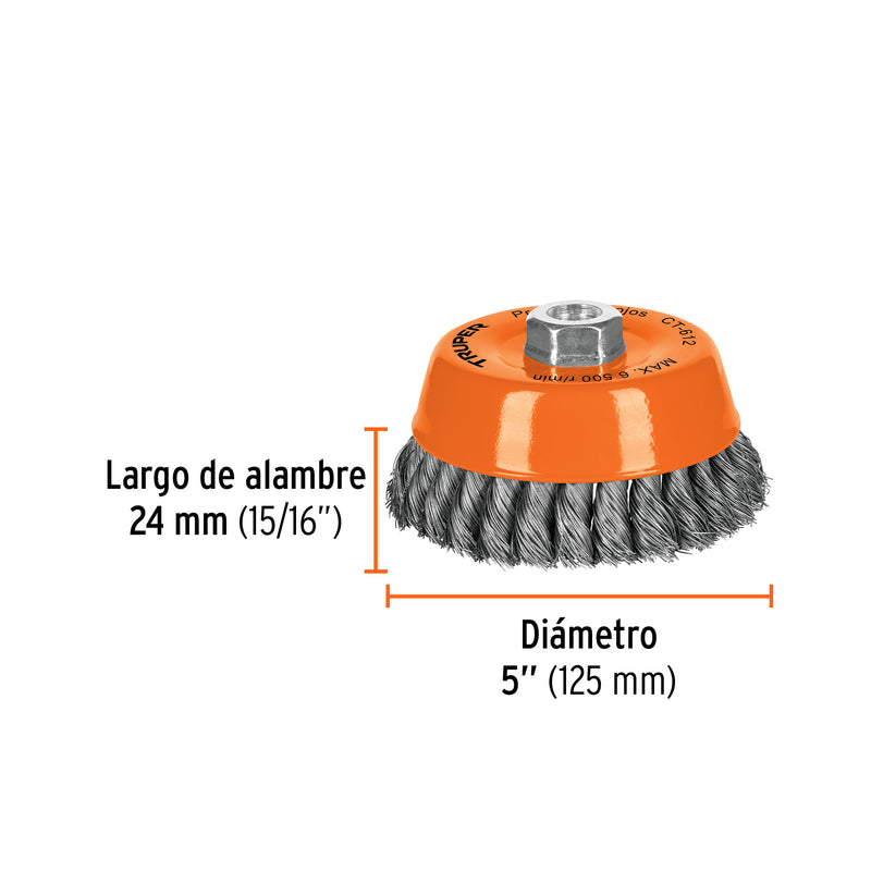 Carda copa 5" alambre trenzado fino, eje 5/8"-11