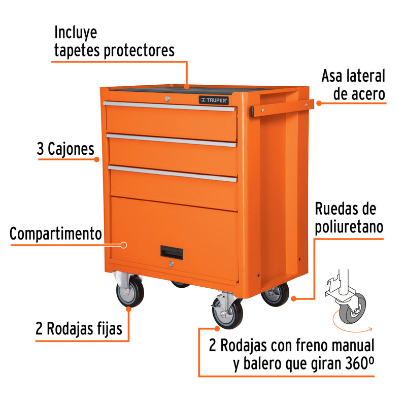 Gabinete metálico móvil Truper, 4 cajones, capacidad 90 kg