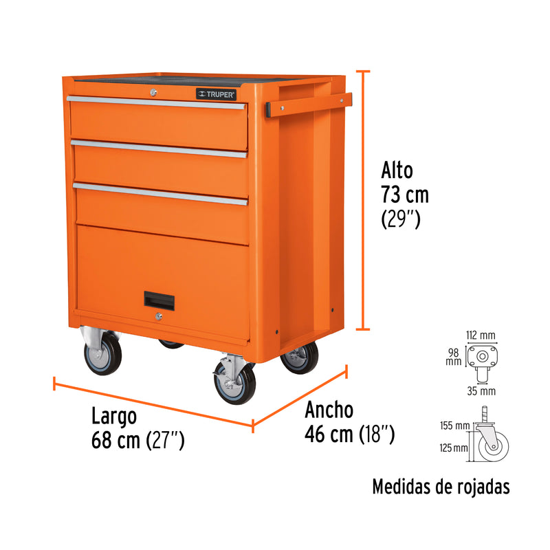 Gabinete metálico móvil Truper, 4 cajones, capacidad 90 kg