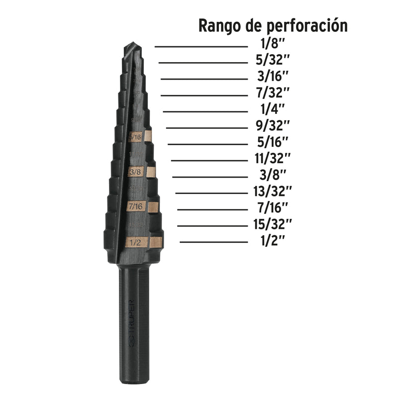 Broca escalonada óxido negro 13 escalones 1/8" a 1/2", Truper