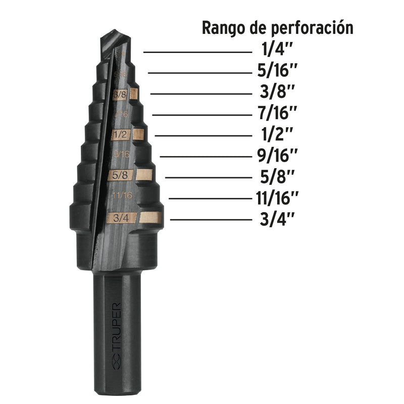 Broca escalonada óxido negro 9 escalones 1/4" a 3/4", Truper