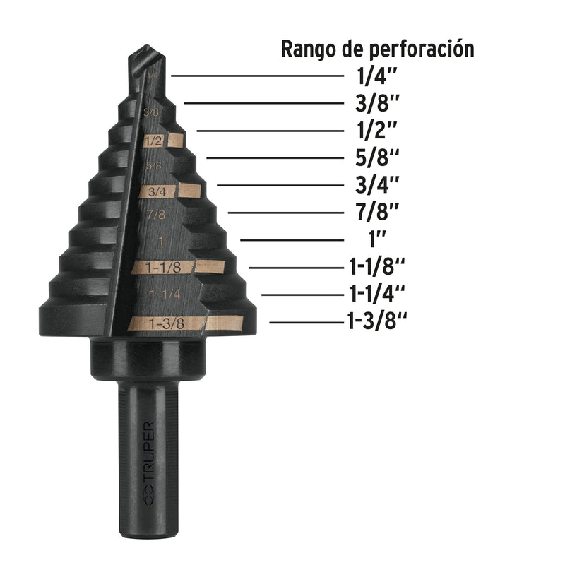 Broca escalonada óxido negro 10 escalones 1/4" a 1-3/8", Truper