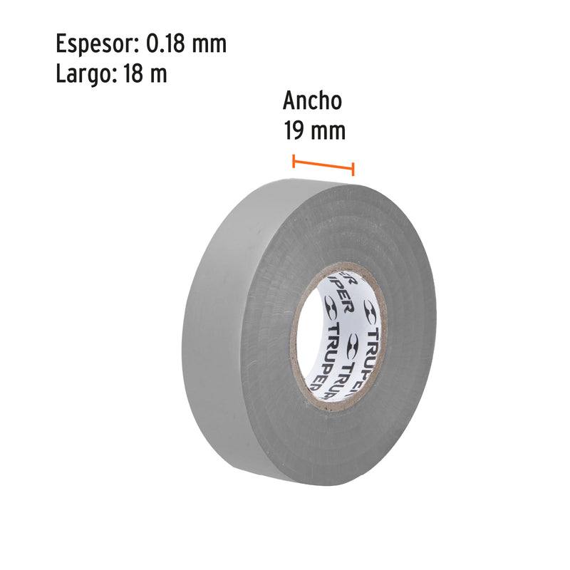 Cinta de aislar Truper de 18 m x 19 mm, Gris