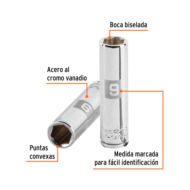 Dado largo de 9 mm, 6 puntas, cuadro 1/4"