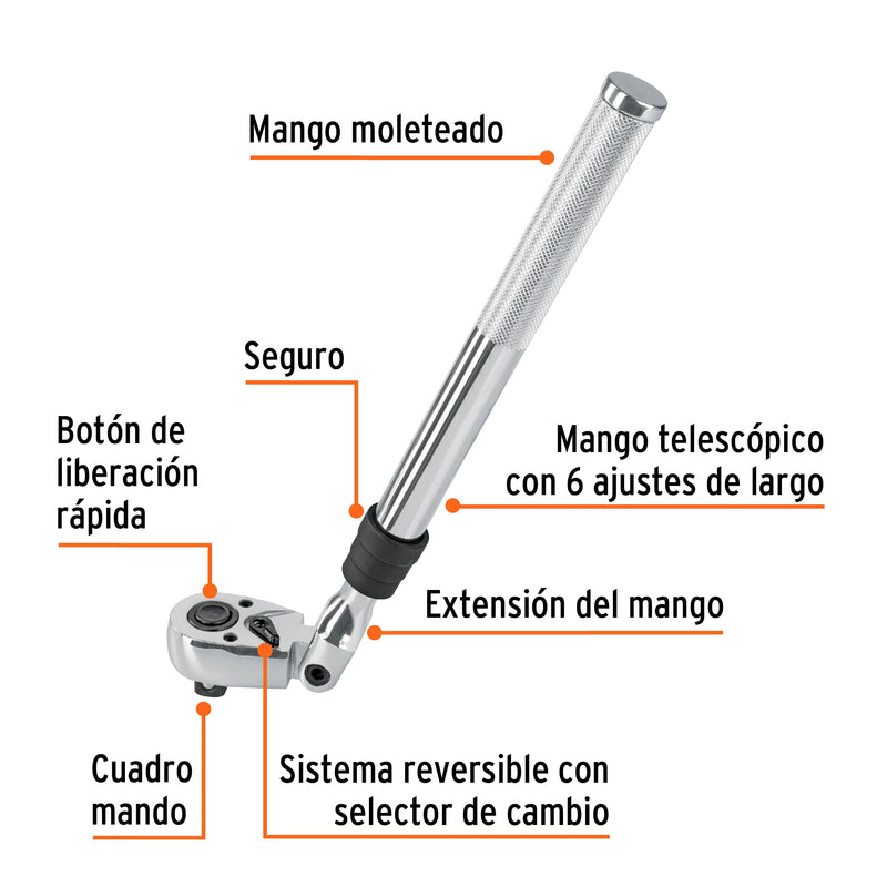 Matraca cuadro 1/2" telescópica de 19" con cabeza articulada