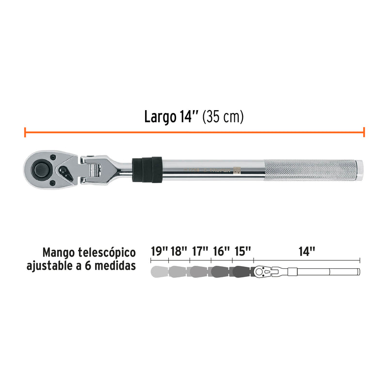 Matraca cuadro 1/2" telescópica de 19" con cabeza articulada