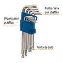 Juego 13 llaves allen largas mm punta bola con organizador, Truper