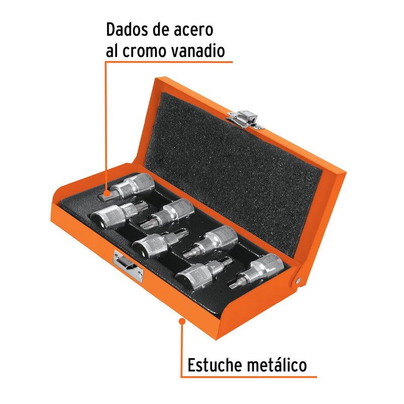 Juego de 7 dados cuadro 1/2" punta torx, Truper