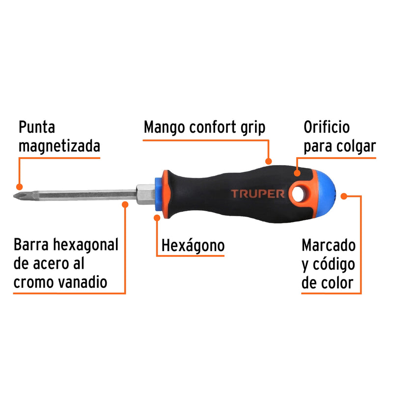 Desarmador de cruz Truper 3/16" x 3", mango Comfort Grip