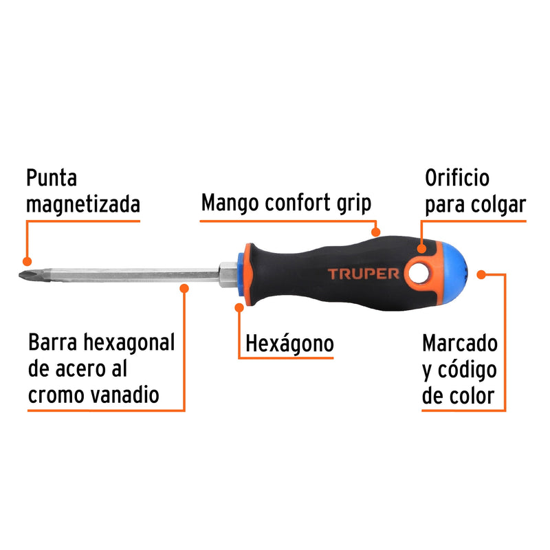 Desarmador de cruz Truper 1/4" x 4", mango Comfort Grip