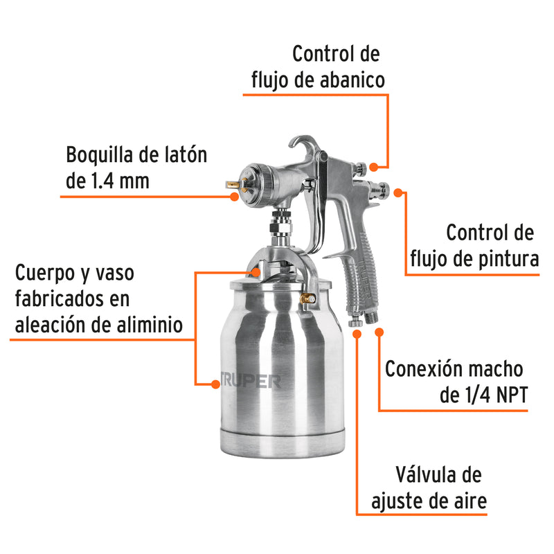 Pistola para Pintar succión HVLP vaso aluminio, 1.4 mm