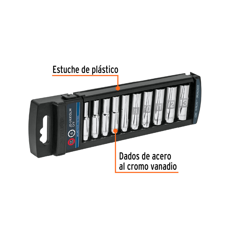 Juego de 10 dados largos cuadro 1/4" mm