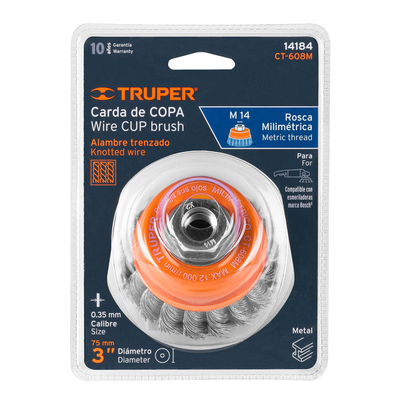 Carda copa Truper de 3" alambre trenzado fino eje M14