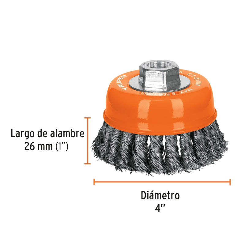 Carda copa Truper 4", alambre trenzado fino eje M14