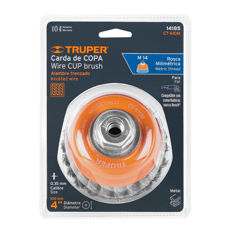 Carda copa Truper 4", alambre trenzado fino eje M14