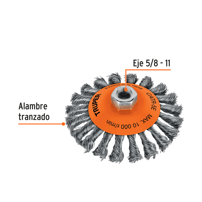 Carda tipo cónico 5" alambre trenzado, eje 5/8"-11, Truper