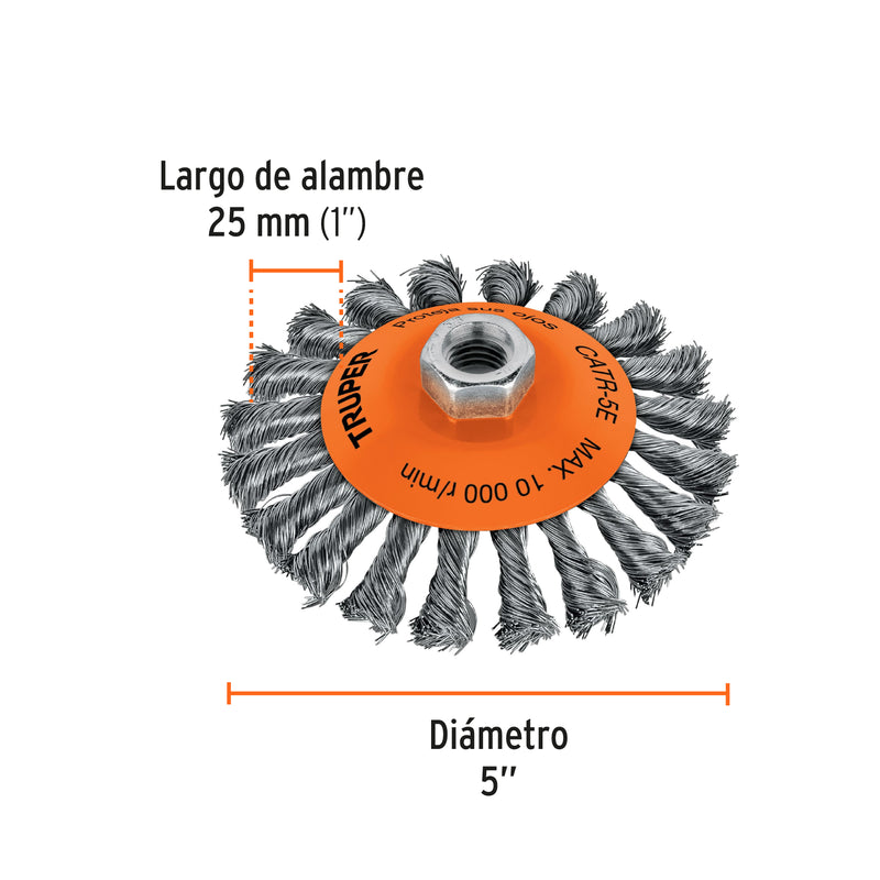 Carda tipo cónico 5" alambre trenzado, eje 5/8"-11, Truper