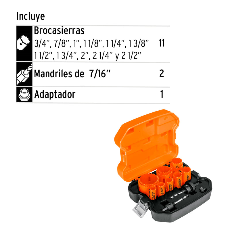 Juego de 11 brocasierras bimetálicas y 2 mandriles, Truper
