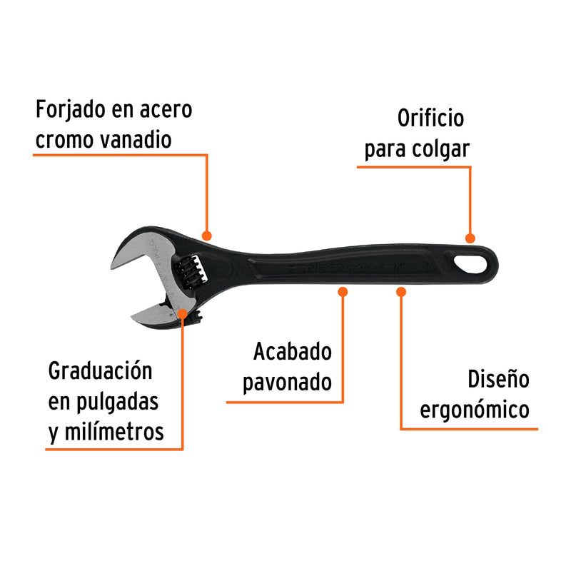 Llave ajustable (perico) 12" profesional pavonada