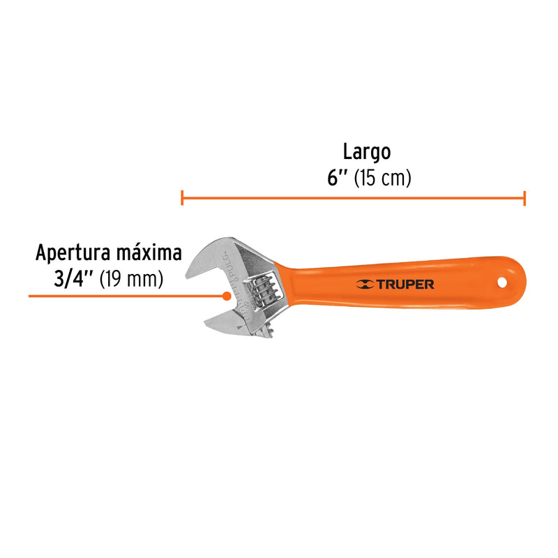 Llave ajustable (perico) 6" cromada mango de PVC, Truper