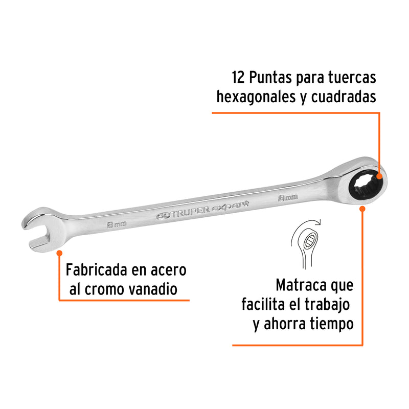 Llave combinada con matraca 8 mm x 136 mm largo