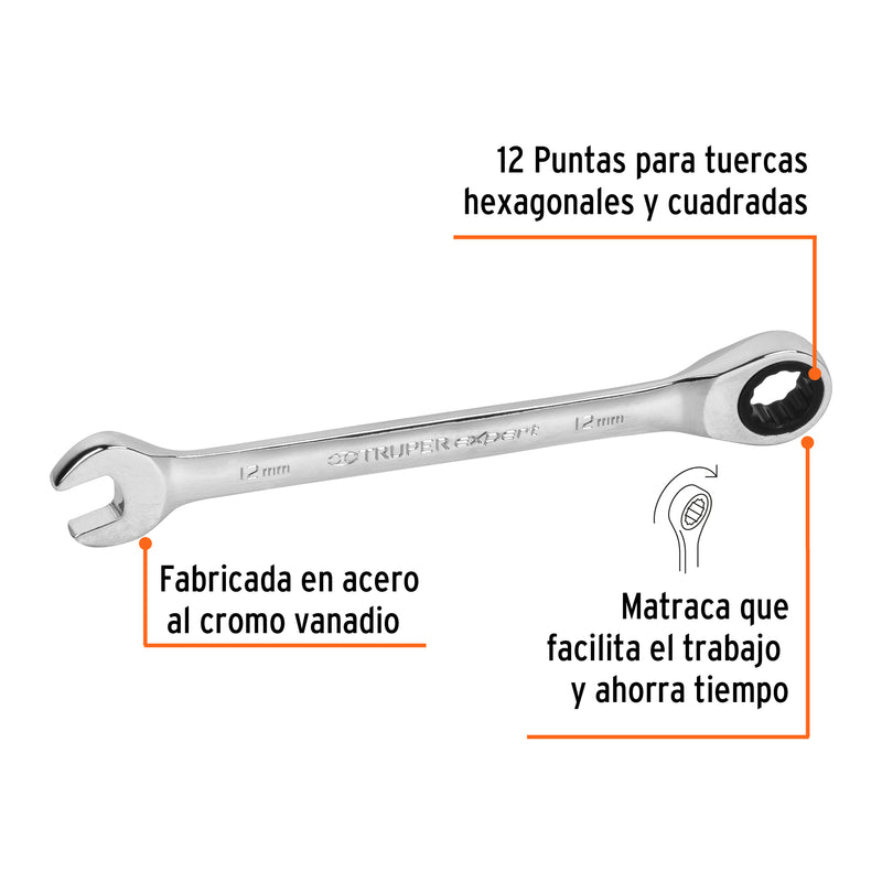 Llave combinada con matraca 12 mm x 166 mm largo