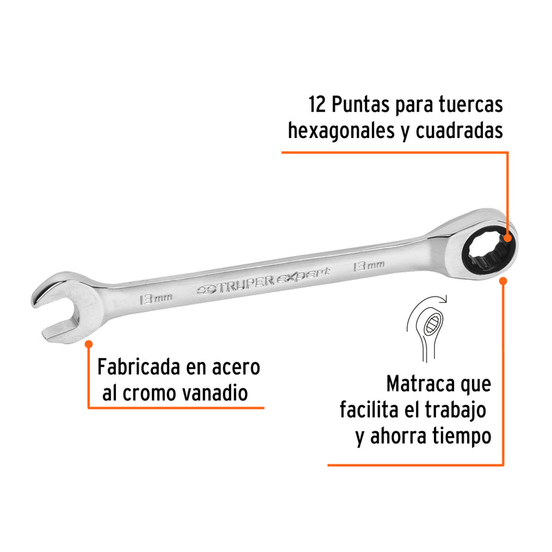 Llave combinada con matraca 13 mm x 174 mm largo, Truper