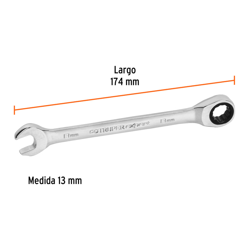 Llave combinada con matraca 13 mm x 174 mm largo, Truper