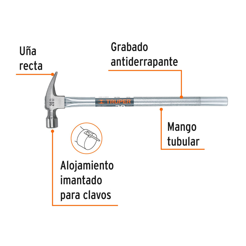 Martillo tubular pulido 20 oz alojamiento imantado uña recta