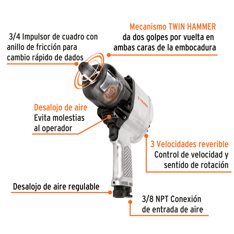 Llave de impacto neumática 3/4", industrial, Truper