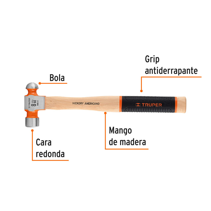 Martillo pulido de bola 8 oz mango hickory