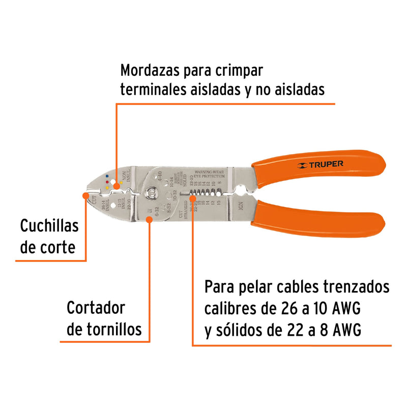 Pinza de 9" (23 cm) pela cables Truper 26 a 10 AWG