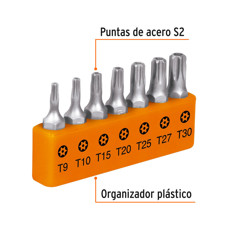 Juego de 7 puntas torx combinadas c/seguro largo 1"